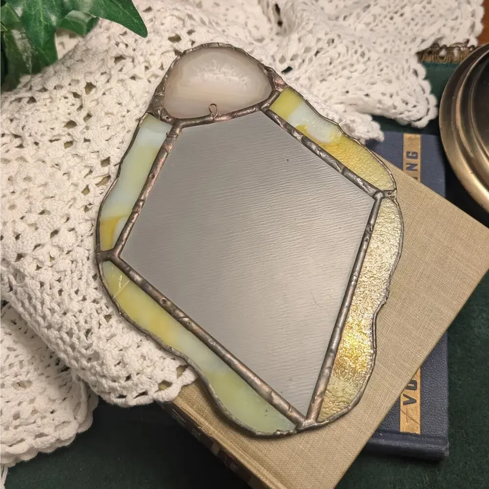 Handmade Vintage Stained Glass Mirror w Agate Stone Wall Hanging Boho Decor OOAK